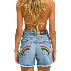 Aviator Nation high rise skater cut off rainbow back pocket super light shorts